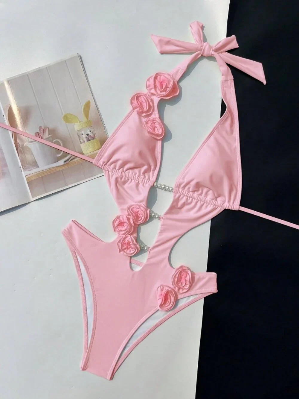 Pink Elegant Women's 3D Floral Pearl One-Piece Swimsuit
